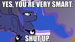 Size: 1280x720 | Tagged: safe, edit, edited screencap, screencap, princess luna, g4, the crystal empire, all caps, image macro, looking down, shut up, spread wings, text, the princess bride, wings