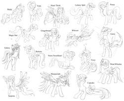 Size: 5000x4076 | Tagged: safe, artist:starbat, buttons (g1), cupcake (g1), fizzy, galaxy (g1), gingerbread, gusty, heart throb, lickety-split, magic star, masquerade (g1), nurse sweetheart, posey, shady, surprise, truly, whizzer, wind whistler, earth pony, pegasus, pony, twinkle eyed pony, unicorn, g1, g4, absurd resolution, black and white, bow, female, flying, g1 to g4, generation leap, grayscale, magic, mare, monochrome, tail bow