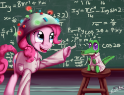 Size: 1800x1391 | Tagged: safe, artist:esuka, gummy, pinkie pie, g4, chalkboard, clothes, hat, lab coat, math, science