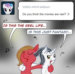 Size: 805x800 | Tagged: safe, artist:cerko, oc, oc only, oc:movie slate, oc:pun, pony, ask pun, ask, bohemian rhapsody, duet, female, mare, musical number in the comments, pun, queen (band), singing, song reference, tumblr
