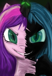 Size: 710x1038 | Tagged: safe, artist:atomicwarpin, queen chrysalis, changeling, changeling queen, g4, disguise, disguised changeling, duality, fake cadance, female