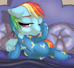 Size: 706x649 | Tagged: safe, artist:kittehkatbar, rainbow dash, pony, g4, baby, baby pony, clothes, filly, footed sleeper, footie pajamas, hoofie pajamas, onesie, pajamas, younger