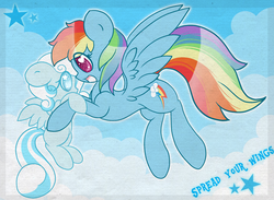 Size: 1914x1400 | Tagged: safe, artist:starlightlore, rainbow dash, oc, oc:snowdrop, pegasus, pony, g4, cloud, cloudy, cute, eye contact, floppy ears, flying, flying lesson, heart eyes, holding a pony, open mouth, rainbowdrop, shipping, smiling, snowbetes, spread wings, starry eyes, time paradox, wingding eyes