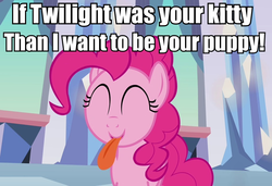 Size: 946x648 | Tagged: safe, pinkie pie, g4, behaving like a dog, grammar error, image macro, puppy, puppy pie, tongue out, twilight cat