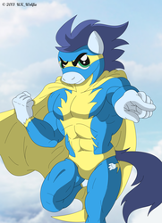 Size: 1920x2657 | Tagged: safe, artist:wolfiedanno, soarin', anthro, g4, flying, hero, male, muscles, soaripped, solo, superhero, wonderbolts, wonderbolts uniform