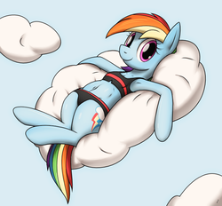 Size: 787x730 | Tagged: safe, artist:tg-0, rainbow dash, pegasus, pony, semi-anthro, arm hooves, armpits, belly button, bra, bra on pony, clothes, cloud, female, on a cloud, panties, solo, underwear