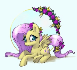 Size: 800x732 | Tagged: safe, artist:joieart, fluttershy, pegasus, pony, g4, female, flower, flower in hair, flower in tail, mare, prone, signature, smiling, solo, spread wings, underhoof, wings