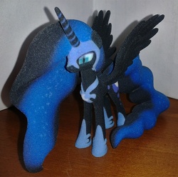 Size: 773x768 | Tagged: dead source, safe, nightmare moon, alicorn, pony, g4, female, helmet, hoof shoes, irl, jewelry, mare, peytral, photo, plushie, regalia, shapeways, solo, spread wings, wings