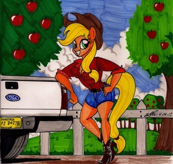 Size: 1653x1564 | Tagged: safe, artist:newyorkx3, applejack, earth pony, anthro, plantigrade anthro, g4, car, ford, ford f-150, traditional art