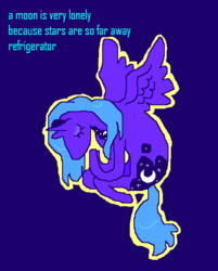 Size: 450x561 | Tagged: safe, artist:seniorpony, princess luna, alicorn, pony, g4, blue background, curled up, eyes closed, female, haiku, mare, ms paint, noodle legs, noodle limbs, poem, s1 luna, simple background, solo, spread wings, text, wings