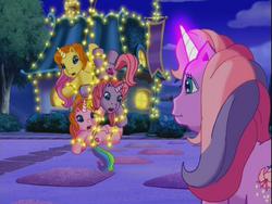 Size: 640x480 | Tagged: safe, screencap, brights brightly, cheerilee (g3), lily lightly, rarity (g3), pony, unicorn, a very pony place, come back lily lightly, g3, get the giggles, glowing, glowing horn, horn, lights, magic, night, out of context, tangled up