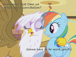 Size: 953x720 | Tagged: safe, edit, edited screencap, screencap, gilda, rainbow dash, griffon, pegasus, pony, g4, caption, female, implied cannibalism, insane pony thread, mare