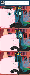 Size: 660x1645 | Tagged: safe, artist:mixermike622, queen chrysalis, oc, oc:fluffle puff, changeling, changeling queen, tumblr:ask fluffle puff, g4, :p, ask, comic, cuddling, cute, cutealis, duo, duo female, eyes closed, female, flufflebetes, fluffy, frown, glare, hug, ocbetes, prone, smiling, snuggling, tumblr, wide eyes