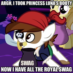 Size: 590x589 | Tagged: safe, edit, edited screencap, screencap, pipsqueak, earth pony, pony, g4, luna eclipsed, butt, colt, dialogue, eyepatch, image macro, male, mouth hold, pirate, plot, solo, swag, sword, weapon