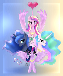 Size: 1670x2000 | Tagged: safe, artist:joakaha, princess cadance, princess celestia, princess luna, twilight sparkle, alicorn, pony, g4, alicorn tetrarchy, female, mare, sisters-in-law, twilight sparkle (alicorn)