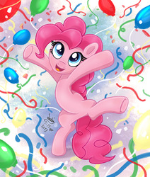 Size: 1100x1300 | Tagged: safe, artist:joakaha, pinkie pie, earth pony, pony, g4, balloon, bipedal, confetti, cute, diapinkes, female, mare, open mouth, solo, streamers