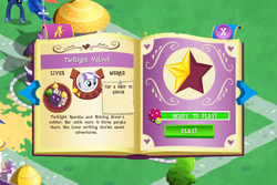 Size: 960x640 | Tagged: safe, gameloft, princess luna, twilight velvet, g4, game, introduction card, ios