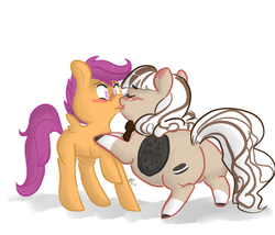 Size: 700x600 | Tagged: safe, artist:mt, scootaloo, oc, oc:double stuf, food pony, original species, pegasus, pony, g4, blushing, butt, canon x oc, chubby, fat, female, kiss on the lips, kissing, larger female, lesbian, oreo, physique difference, plot, ponified, shipping, size difference, smaller female, thin