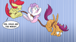 Size: 1600x900 | Tagged: dead source, safe, artist:fauxsquared, apple bloom, scootaloo, sweetie belle, g4, cutie mark crusaders, falling, rope, sweetie fail, this will end in tears and/or death and/or covered in tree sap