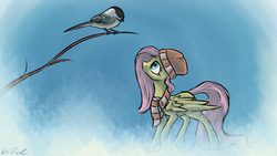 Size: 1920x1080 | Tagged: safe, artist:nos-talgia, fluttershy, bird, g4, clothes, hat, scarf, wallpaper