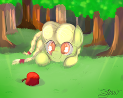 Size: 2500x2000 | Tagged: safe, artist:strabarybrick, granny smith, earth pony, pony, g4, apple, cute, eyes on the prize, female, grass, prone, smiling, solo, tree, younger