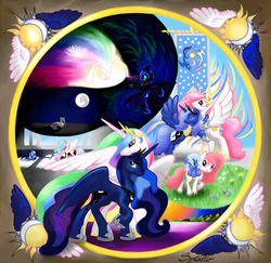 Size: 3150x3068 | Tagged: safe, artist:syncallio, nightmare moon, princess celestia, princess luna, g4, contrast, high res