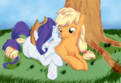 Size: 1334x914 | Tagged: source needed, safe, artist:clovercoin, applejack, rarity, earth pony, pony, unicorn, g4, accessory swap, blushing, cuddling, female, holding tails, mare, prone, ship:rarijack, shipping, smiling, tree, under the tree