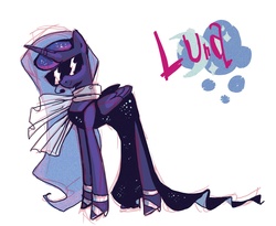 Size: 3617x2962 | Tagged: dead source, safe, artist:holivi, princess luna, pony, g4, clothes, crescent moon, dress, ethereal mane, female, folded wings, high heels, microphone, moon, scarf, shoes, smiling, solo, sparkly dress, standing, sunglasses, text, wings