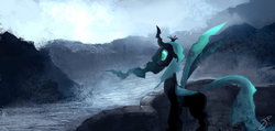 Size: 1295x616 | Tagged: dead source, safe, artist:jokerpony, queen chrysalis, changeling, changeling queen, g4, female, river, scenery, solo