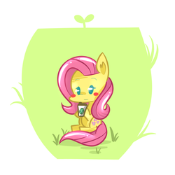 Size: 1000x1000 | Tagged: safe, artist:kty159, fluttershy, pony, g4, chibi, coffee, female, solo