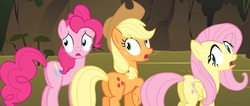 Size: 1280x541 | Tagged: safe, screencap, applejack, fluttershy, pinkie pie, earth pony, pegasus, pony, feeling pinkie keen, g4, applebutt, balloonbutt, butt, butt tail, female, flutterbutt, mare, out of context, plot, shocked