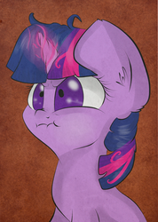 Size: 1687x2363 | Tagged: dead source, safe, artist:lolepopenon, twilight sparkle, pony, unicorn, g4, angry, female, filly, fluffy, glare, magic, nose wrinkle, scrunchy face, solo, unamused