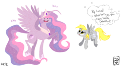 Size: 1672x938 | Tagged: safe, artist:cruddydoodles, derpy hooves, princess celestia, alicorn, ditto, pegasus, pony, g4, crossover, female, mare, pokémon, princess, simple background, speech bubble, transparent background