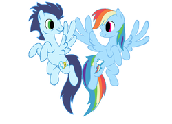 Size: 1024x741 | Tagged: safe, artist:missytheunicorn, rainbow dash, soarin', pegasus, pony, g4, female, flying, male, mare, ship:soarindash, shipping, simple background, spread wings, stallion, straight, white background, wings