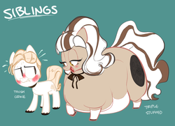 Size: 877x635 | Tagged: safe, artist:ross irving, oc, oc:double stuf, oc:tough cookie, blushing, brother and sister, chubby, fat, female, impossibly large butt, larger female, male, mare, oreo, siblings, size difference, smaller male, stallion, sweat