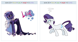 Size: 587x314 | Tagged: safe, princess luna, rarity, g4, exploitable meme, juxtaposition, juxtaposition win