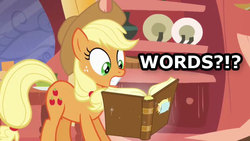 Size: 640x360 | Tagged: safe, edit, edited screencap, screencap, applejack, earth pony, pony, g4, look before you sleep, book, female, golden oaks library, illiteracy, image macro, reaction image, solo