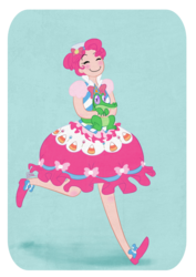 Size: 905x1280 | Tagged: safe, artist:artbydana, gummy, pinkie pie, human, g4, carrying, clothes, dress, female, gala dress, humanized, pet, skinny, thin