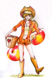 Size: 842x1259 | Tagged: safe, artist:pottercreep2nd, applejack, human, g4, apple, female, get, humanized, index get, smiling, solo