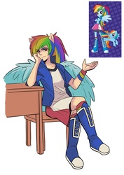 Size: 800x1131 | Tagged: safe, artist:gomigomipomi, rainbow dash, human, equestria girls, g4, eared humanization, female, humanized, ponied up, sitting, solo, winged humanization