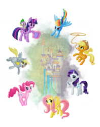 Size: 1280x1621 | Tagged: safe, artist:marirosa, angel bunny, applejack, derpy hooves, fluttershy, pinkie pie, rainbow dash, rarity, spike, twilight sparkle, pegasus, pony, g4, book, bracelet, canterlot, female, magic, mane seven, mare