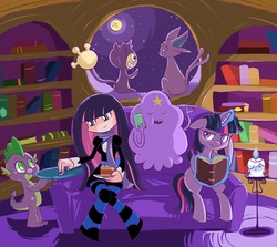 Size: 1400x1250 | Tagged: safe, artist:luna77899, spike, twilight sparkle, aipom, angel, dragon, espeon, litwick, pony, unicorn, g4, adventure time, anarchy stocking, book, candle, cellphone, couch, crossover, golden oaks library, lumpy space princess, magic, male, moon, panty and stocking with garterbelt, phone, pokémon, purple, telekinesis