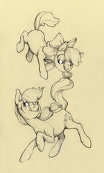 Size: 1153x1920 | Tagged: safe, artist:purmu, apple bloom, applejack, g4, monochrome