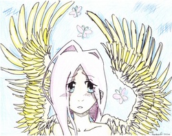 Size: 590x467 | Tagged: safe, artist:cerridywyn, fluttershy, human, g4, humanized, traditional art, winged humanization