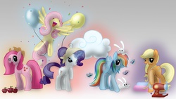 Size: 2267x1281 | Tagged: safe, artist:rainbowjune, applejack, fluttershy, pinkie pie, rainbow dash, rarity, butterfly, earth pony, pegasus, pony, rabbit, unicorn, g4, magical mystery cure, alternate hairstyle, animal, apple, applejack's hat, balloon, cloud, cowboy hat, female, flying, food, good end, hat, mare, missing accessory, pinkamena diane pie, remane five, sewing machine, smiling, spread wings, swapped cutie marks, wings