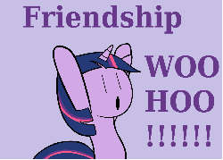 Size: 1200x860 | Tagged: safe, twilight sparkle, g4, !!!, :o, animated, black outlines, bust, english, female, friendship, hooves in air, lavender background, open mouth, simple background