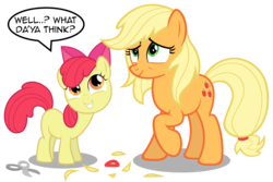 Size: 6840x4571 | Tagged: dead source, safe, artist:austiniousi, apple bloom, applejack, earth pony, pony, g4, absurd resolution, alternate hairstyle, apple bloom's bow, bow, duo, duo female, female, filly, foal, hair bow, haircut, hatless, loose hair, mare, missing accessory, scissors, scrunchy face, simple background, speech bubble, transparent background
