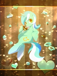 Size: 600x800 | Tagged: dead source, safe, artist:mask-seaslug, lyra heartstrings, pony, unicorn, g4, cake, candy, chocolate, cupcake, donut, drink, drinking, female, food, heart, ice cream, looking at you, mare, solo