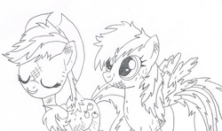 Size: 927x547 | Tagged: safe, artist:corganfangirl, applejack, rainbow dash, g4, lineart, messy, messy mane, sketch