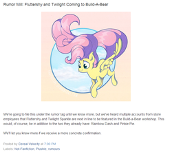 Size: 768x678 | Tagged: safe, fluttershy, equestria daily, g4, build-a-bear, rumor, text